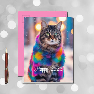 Jazzy Kitty in Pelzmantel - Happy 2026 Feiertagspostkarte