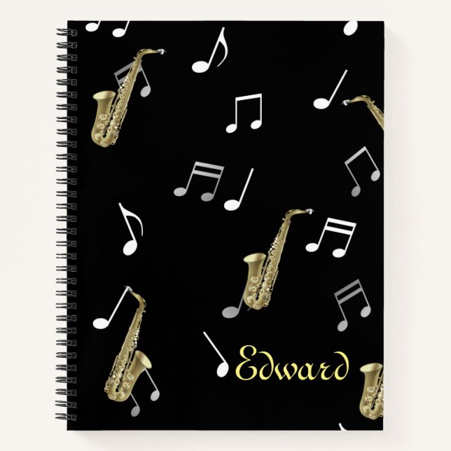 Jazzy Saxophon & Musical Notes Notizbuch (Vorderseite)