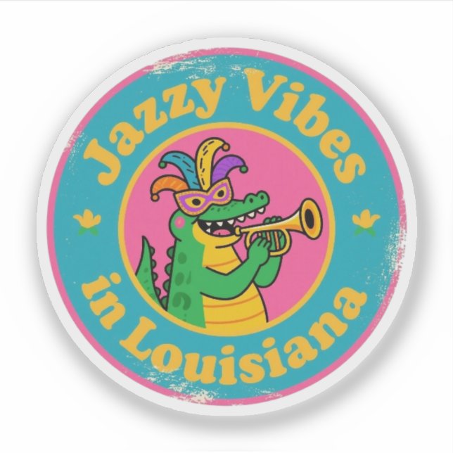 Jazzy Vibes_ Louisiana Alligator mit Maske Retro Aufkleber (Vorderseite)