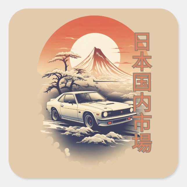 JDM car with Japanese landscape on background Quadratischer Aufkleber (Vorderseite)