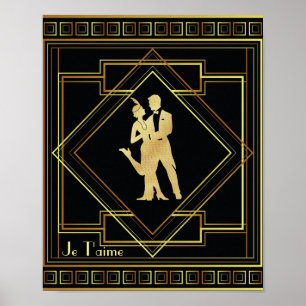 Je T'aime Französisch Art Deco schwarz und Gold 20 Poster