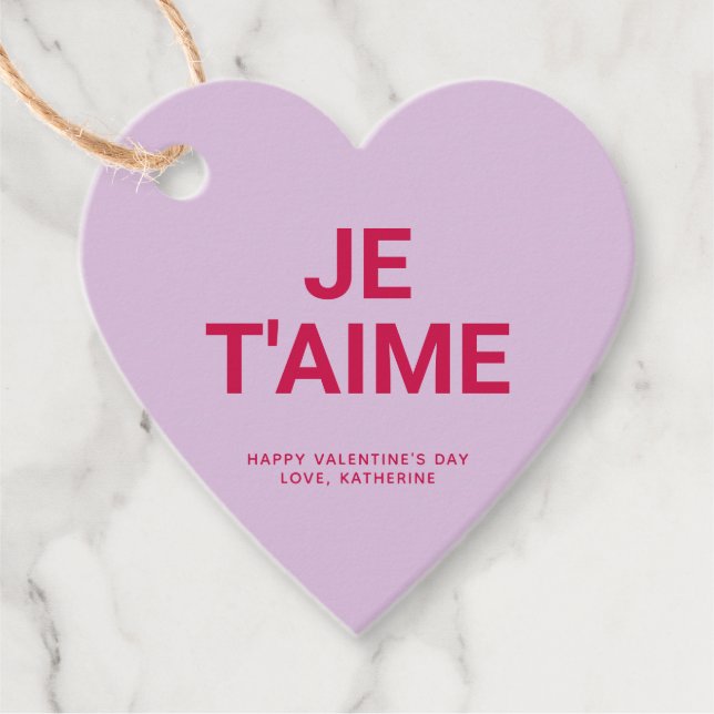 Je t'aime lila Herz niedlich Valentinstag Brauch Geschenkanhänger (Vorderseite)