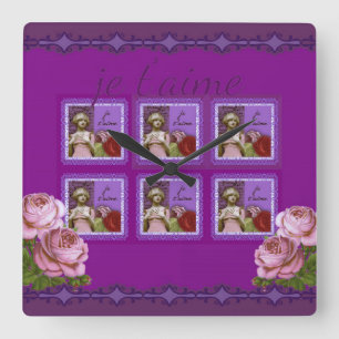Je T'aime Lila Romantic Girl Vintag Collage Quadratische Wanduhr