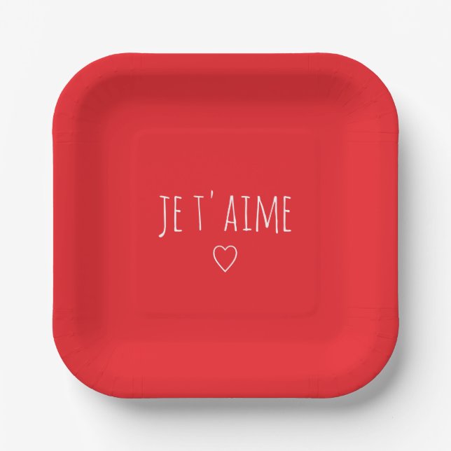 'Je T'aime' Romantic Red White Valentine's Day Pappteller (Vorderseite)