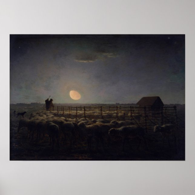 Jean-Francois Millet - Sheepfold, Mondlicht 1860 Poster (Vorne)