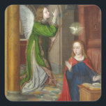 Jean Hey Annunciation Quadratischer Aufkleber<br><div class="desc">Ein Ankündigungsgemälde,  das Engel mit Maria und Heiligem Geist als Taube darstellt. Fine Art von Jean Hey (Master of Moulins)</div>