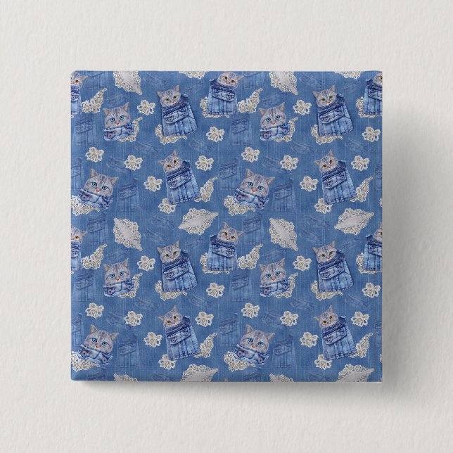 Jeans, Kätzchen, Spitzen und Spitzen aus Denim-Tas Button (Vorderseite)