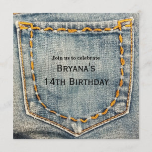 Jeans mit aufgenähtem Geburtstags-Party-Etikett Einladung