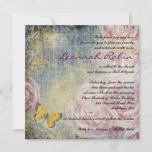 JEANS ROSE & BUTTERFLIES Bat Mitzvah Einladung (Vorderseite)