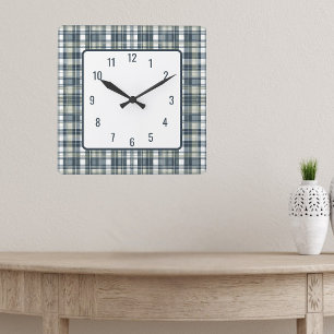 Jeans-Sage-Weiß-Kariert Quadratische Wanduhr