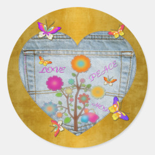 Jeans Tasche Herz Blumen Schmetterlinge auf Gold Runder Aufkleber