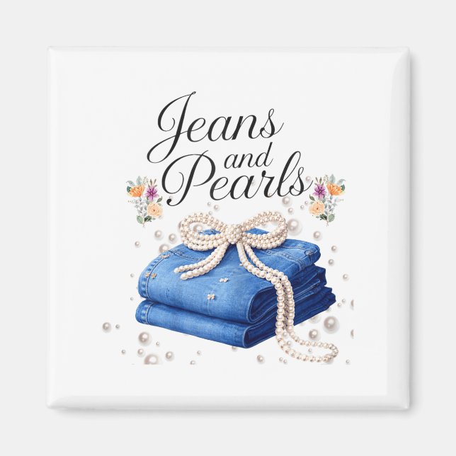 Jeans und Perlen stilvolle Denim-Mode Schleife Dam Magnet (Vorne)