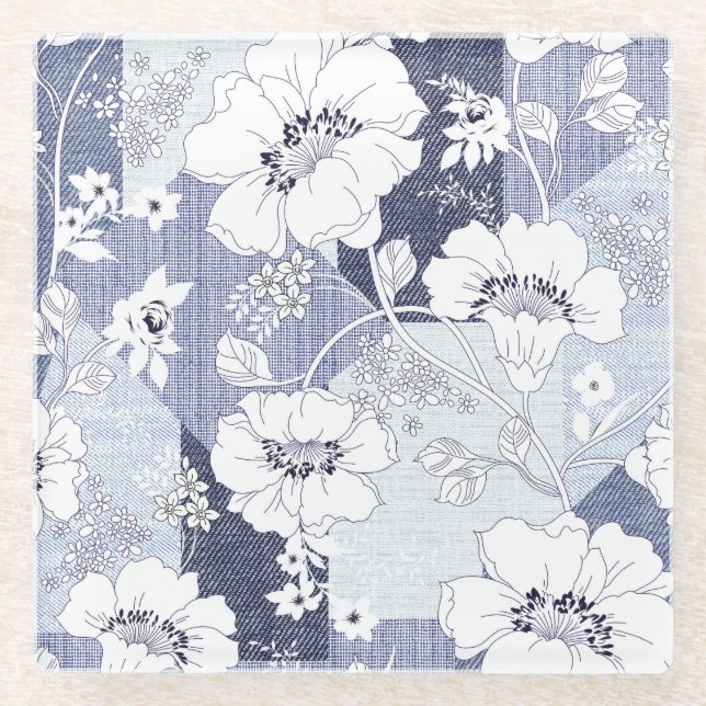 Jeansblumen-Patchwork, nahtloses Muster. Glasuntersetzer (Vorderseite)
