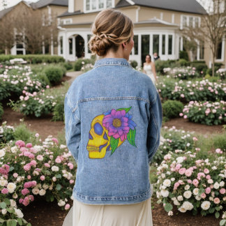 Jeansjacke mit abstraktem Totenkopf und Blumenkuns