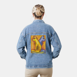 Jeansjacke mit floralen Katzen Bleistift Kunst