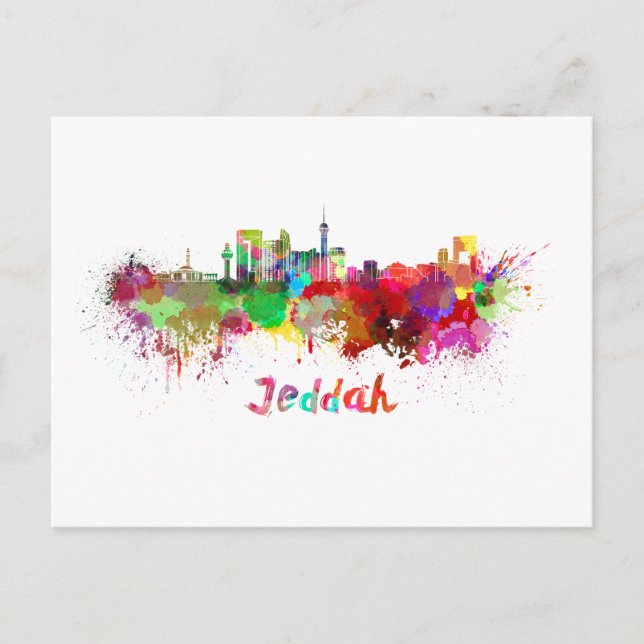 Jeddah Skyline in Aquarellfarbe Postkarte (Vorderseite)