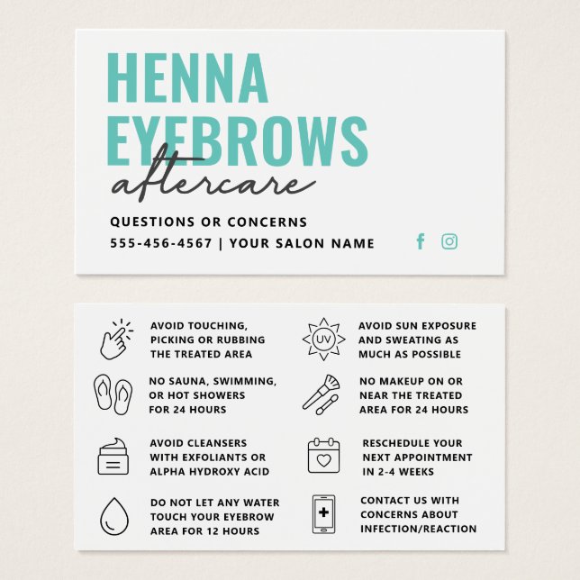 Jede Farbe Henna Brows Brows Tint Aftercare-Karte (Vorne & Hinten)
