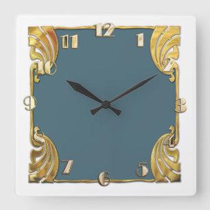 Jede Farbe mit weißem Art Deco Gold Design Quadratische Wanduhr