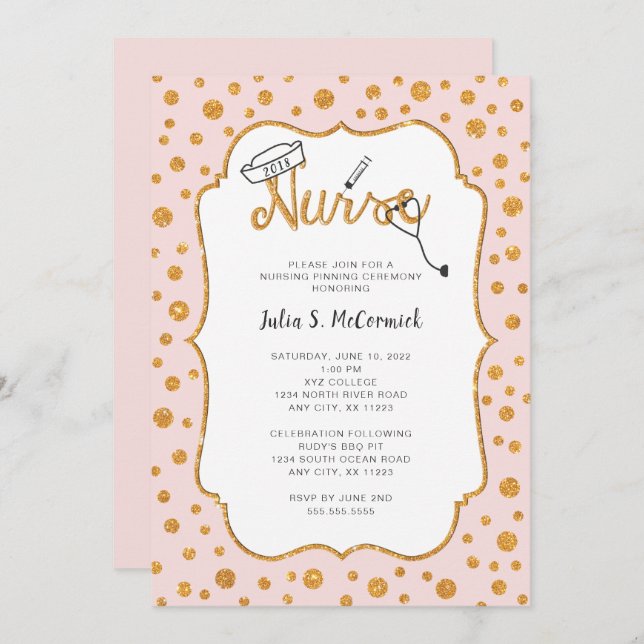 JEDE FARBE Nurse Abschluss Pinning + Imitat Gold Einladung (Vorne/Hinten)