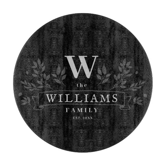 Jede Farbe | Rustikaler Familienname Monogram Schneidebrett (Vorderseite)