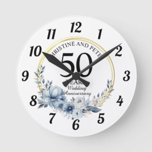 Jede Hochzeit (50) Elegantes blaues florales Jubil Runde Wanduhr