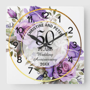 Jede Hochzeit Goldrahmen Violette Rosen Jubiläum  Quadratische Wanduhr