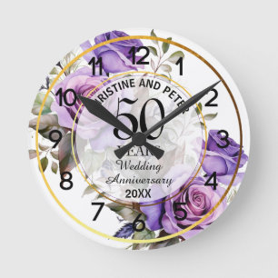 Jede Hochzeit Goldrahmen Violette Rosen Jubiläum Runde Wanduhr
