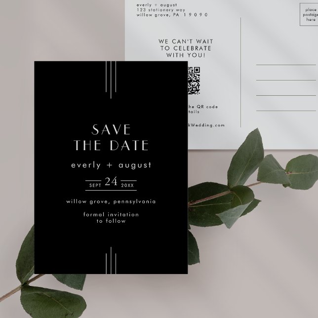 JEDE MODERNE Art Deco Black Wedding Save the Date Einladungspostkarte (EVERLY Modern Art Deco Black Wedding Save the Date Invitation Postcard)