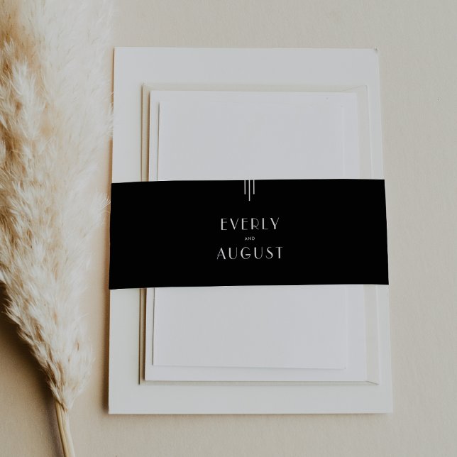 JEDE MODERNE Art Deco Schwarz-Weiß Hochzeit Einladungsbanderole (EVERLY Modern Art Deco Black and White Wedding Invitation Belly Band)