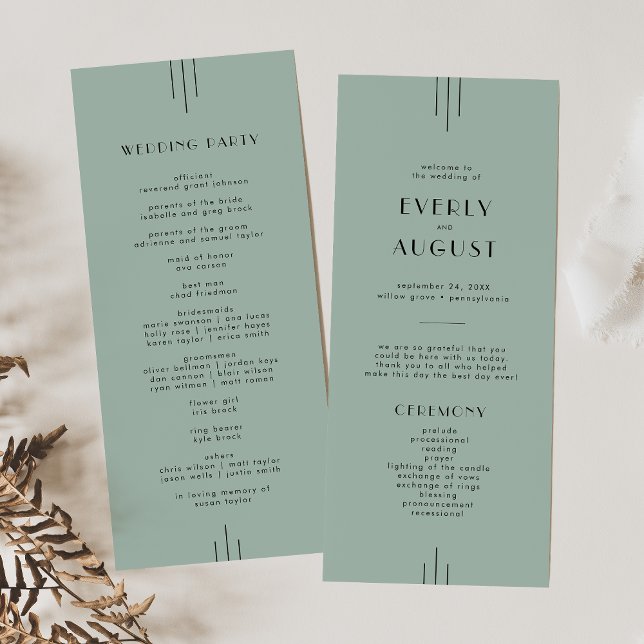 JEDE MODERNE Classic Art Deco Sage Green Wedding Programm (EVERLY Modern Classic Art Deco Sage Green Wedding Program)