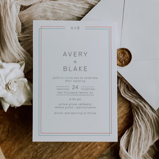 JEDE moderne Korallenhochzeit und Aquamarine Grenz Einladung (AVERY Modern Coral and Teal Border Wedding Invitation)