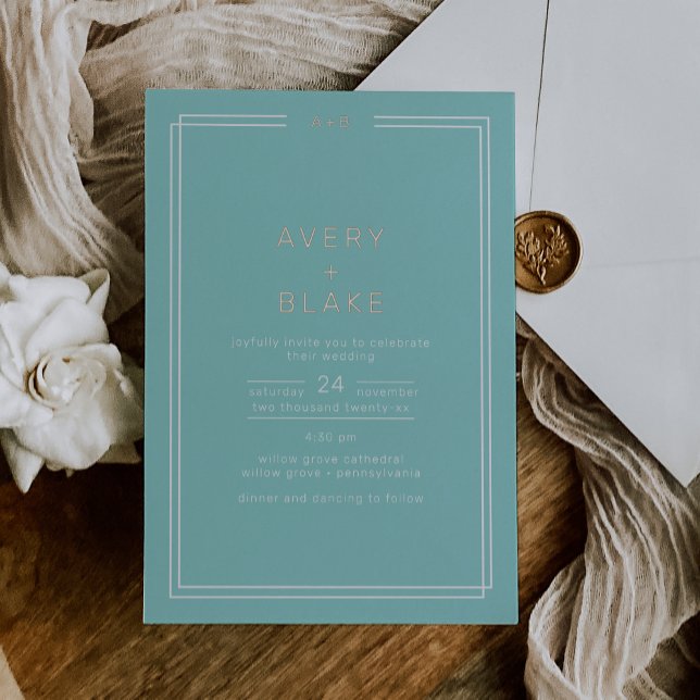 JEDE MODERNE MALERE UND Rose-GOLDENFEILE Folieneinladung (AVERY Modern Mint Green and Rose Gold Foil Wedding Foil Invitation)