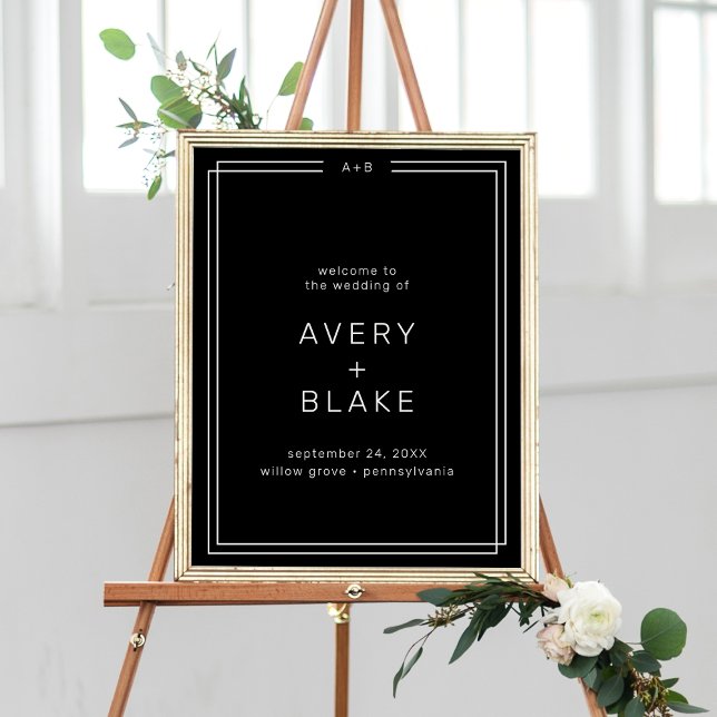 JEDE moderne Schwarze Hochzeit Begrüßungsunterschr Poster (AVERY Modern Black Wedding Welcome Sign Template)