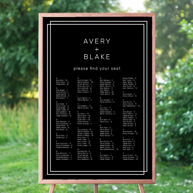 JEDE moderne schwarze Hochzeitstabelle Poster (AVERY Modern Black Wedding Seating Chart Template)