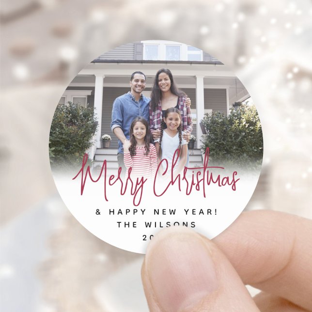 Jede Text Red Script Typografie Simple Modern Foto Runder Aufkleber (Von Creator hochgeladen)