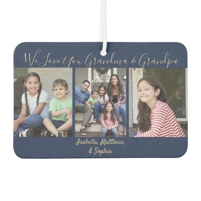 Jede Textfamilie 4 Foto Collage Navy & Gold Heart Autolufterfrischer (Vorderseite)