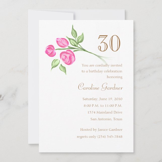 Jede Zahl zum Geburtstag Einladung drei rosa Rosen (Vorderseite)