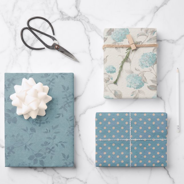 Jeden Anlaß Blue Floral und Polka Dots Set von 3 Geschenkpapier Set (Vorderseite)