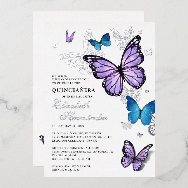 Jeder Farbschmetterling Elegante Quinceanera Folieneinladung (Vorderseite/Rückseite)