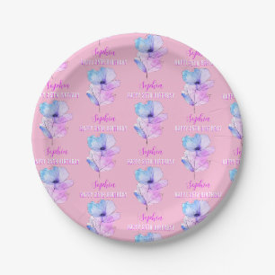 Jeder Geburtstag, Name, rosa und blaue Wasserfarbe Pappteller