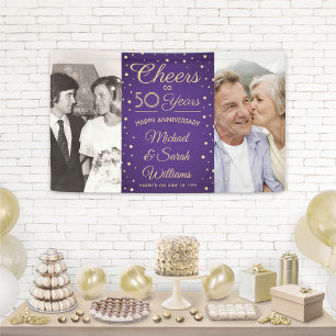 Jeder Jahrestag Prost 2 Foto Lila & Gold Party Banner