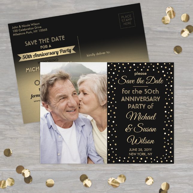 JEDER Jubiläum 1 Foto Black & Gold Save the Date Einladungspostkarte (Von Creator hochgeladen)