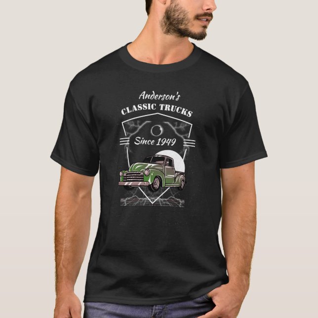 Jeder Name Classic Trucks Datum Grüner Lieferwagen T-Shirt (Vorderseite)