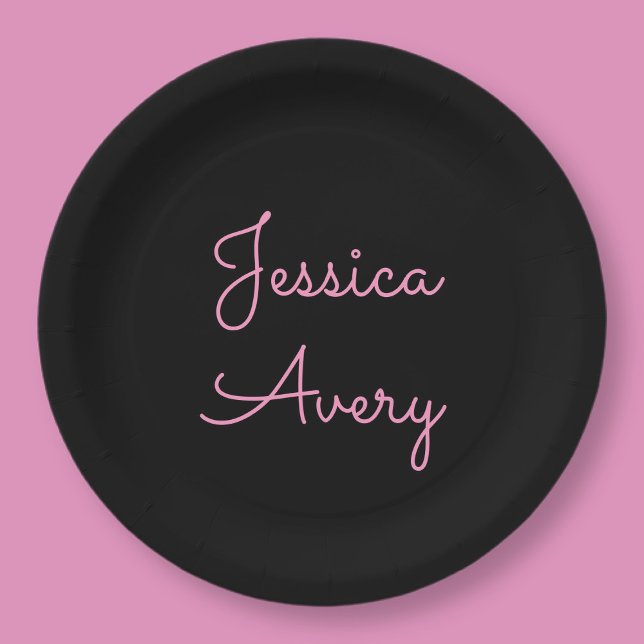 Jeder Name | Cool Editable Pink Script in Black Pappteller (Von Creator hochgeladen)