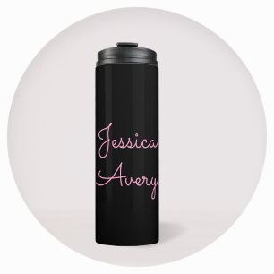 Jeder Name   Cool Editable Pink Script in Black Thermosbecher