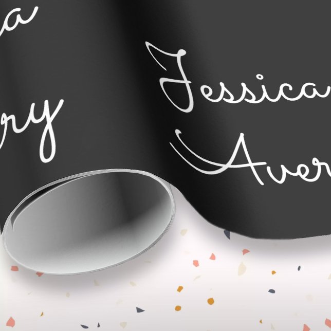 Jeder Name | Cool Editable White Script on Black Geschenkpapier (Von Creator hochgeladen)