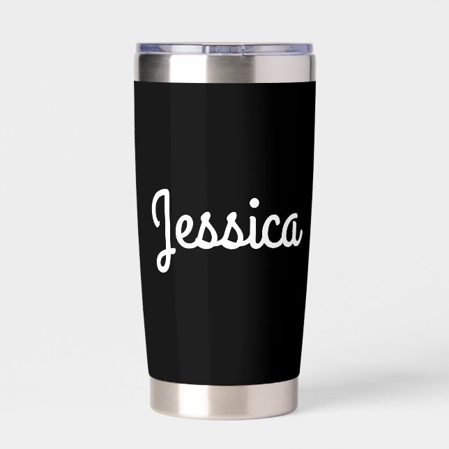 Jeder Name Cool Stilvoll weiß Cursive auf schwarz Thermobecher (Rückseite)