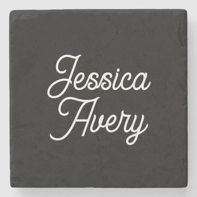Jeder Name | Elegantes Vintages, weißes Script auf Steinuntersetzer (Vorderseite)