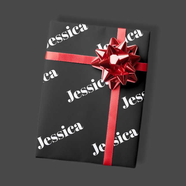 Jeder Name | Moderne weiße Schrift auf schwarz Geschenkpapier (Von Creator hochgeladen)
