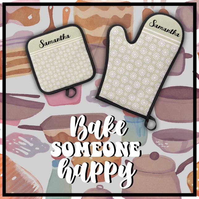Jeder Name Niedlich florales Daisy-Muster Ofenhandschuh & Topflappen-Set (Bake Someone Happy with this cute sage green & white daisy pattern oven mitt and pot holder set.)